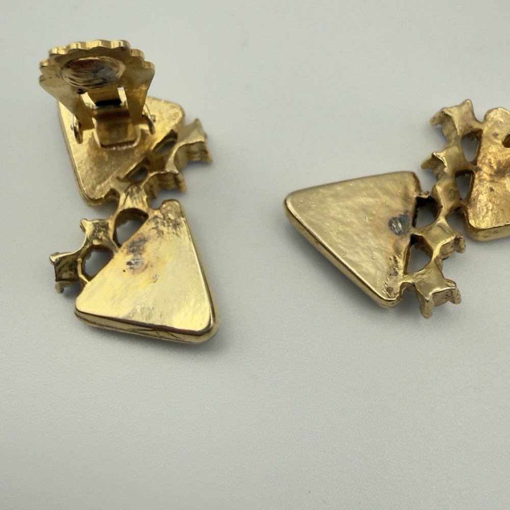 Geometric Clip On Earrings Gold Tone Navy Blue Beaded Light Blue Rhinestone 1.5" - Picture 5 of 9